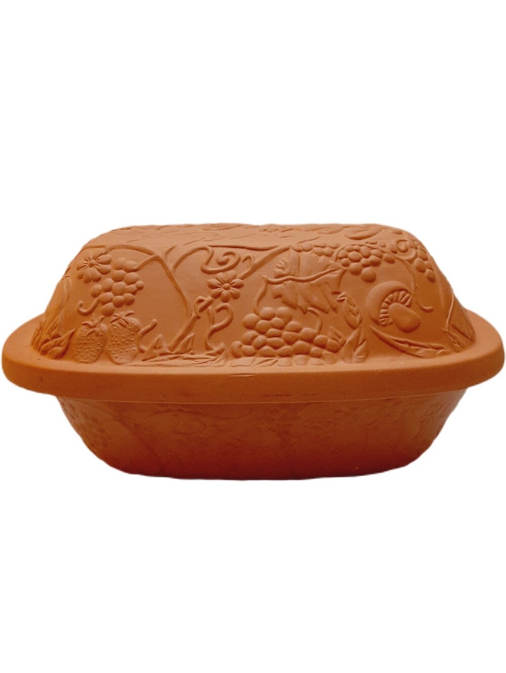 🍒 Terracotta Clay Baker Grape Vine Pattern Oven Baking Pan w Lid GlucksteinHome